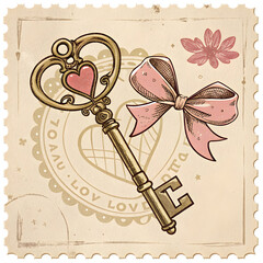 Vintage Valentine stamp featuring a decorative key and ribbon with heart-shaped design for love-themed events