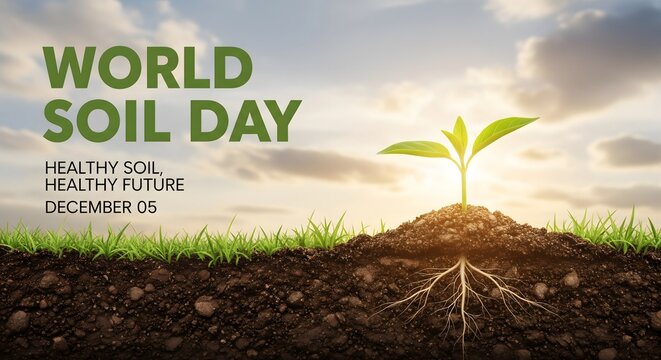 World soil day with a young plant growing from rich soil