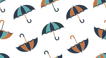 Pattern of colorful umbrellas in various shades of blue, brown, and teal, open and closed, suggesting protection from rain or sun.
