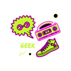 Retro 1980s pop culture icons including sunglasses boombox and high top sneaker with the word geek