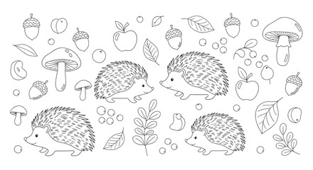 Whimsical line art collection of hedgehogs, mushrooms, acorns, leaves, and apples, evoking an autumn forest theme with cute characters.