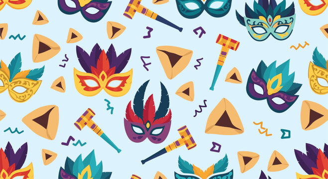 Pattern for Purim celebration featuring masks, graggers (noisemakers), and hamantaschen cookies, in vibrant colors on a light blue background.