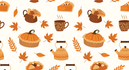 A warm autumn pattern showcases pumpkins, pies, steaming mugs, and falling maple leaves, evoking the cozy essence of the fall season.