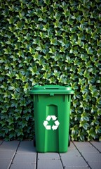 A clean green recycling bin stands in front of a textured green wall, symbolizing eco-friendly waste management, wall, bin, modern