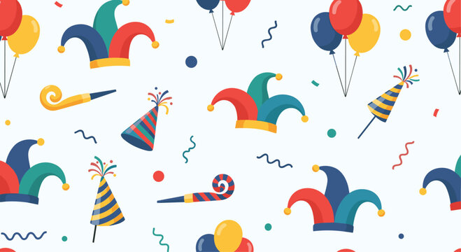 A festive carnival or party pattern features colorful jester hats, party hats, balloons, and blowers, creating a joyful and celebratory atmosphere.