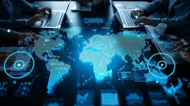 Global Network: High-angle view showcasing a high-tech conference table with glowing world map projections, indicating technological communication.  - Powered by Adobe