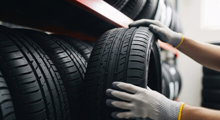 Tire Selection in Workshop: Hands of a mechanic are carefully selecting a tire from a stack. In the shop environment, these tires represent both precision and service. 