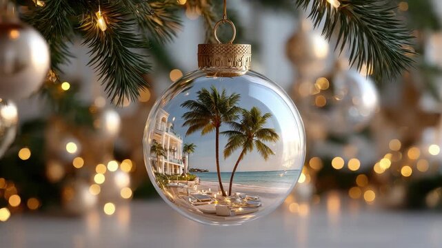 Clear Christmas ornament depicting a cozy tropical escape, complete with palm trees and a high end resort, adorning a holiday fir tree surrounded by twinkling bokeh lights