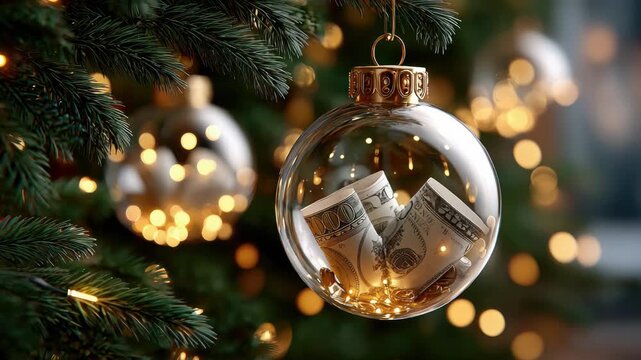 Clear glass ornament filled with rolled US dollar bills and gold coins hanging on a Christmas tree with twinkling lights and festive bokeh for wealth and holiday concept