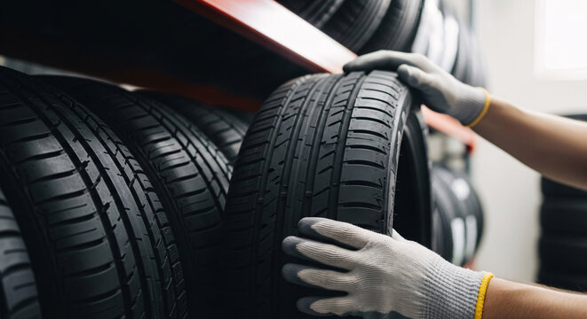 Tire Selection in Workshop: Hands of a mechanic are carefully selecting a tire from a stack. In the shop environment, these tires represent both precision and service.  - Powered by Adobe