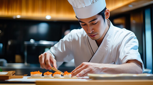 Skilled sushi chef meticulously crafting traditional japanese sushi dish