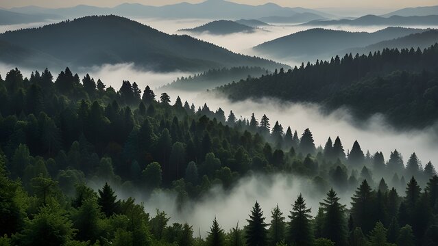 Aerial view of misty mountains covered with dense fog and lush green forests under soft morning light.
