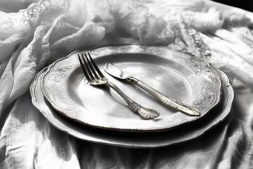 Elegant silver plate with fork and knife on soft fabric background, close up.