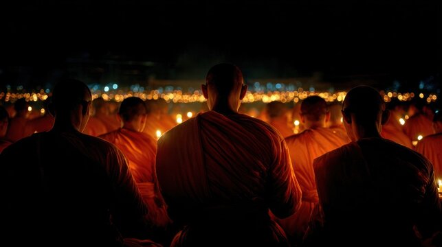 Monks in orange robes holding candles during a dark ceremony - Powered by Adobe