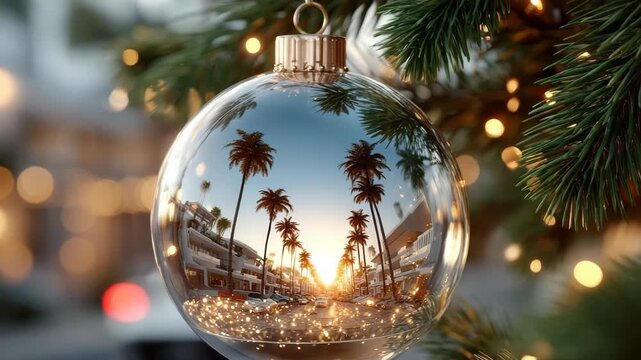 Clear Christmas ornament depicting a cozy tropical escape, complete with palm trees and a high end resort, adorning a holiday fir tree surrounded by twinkling bokeh lights