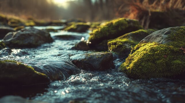 Close-up of mossy rocks in a sunlit flowing stream water