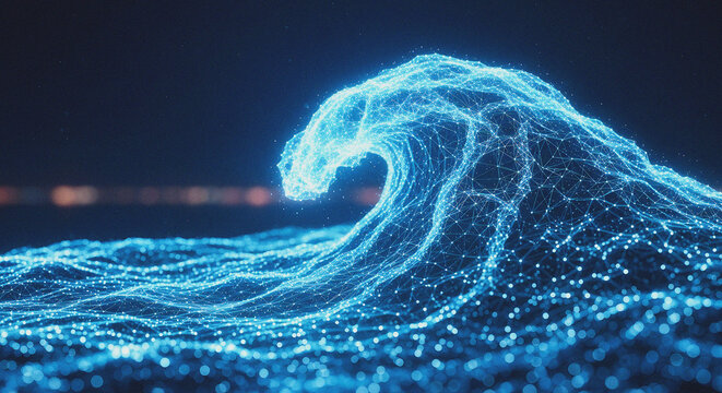 Abstract Digital Ocean Wave Made of Glowing Blue Particles and Network Mesh Futuristic Technology Background Representing Data, Big Data, or Artificial Intelligence
