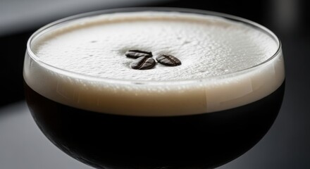 Espresso Martini Cocktail with Coffee Beans and Frothy Cream.