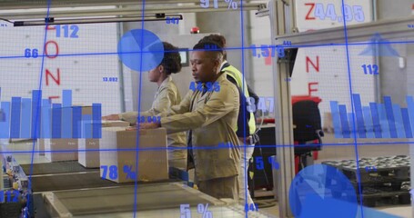 Packers handling boxes on warehouse conveyor hitting red scanner, lead checking, blue data tracking - Powered by Adobe