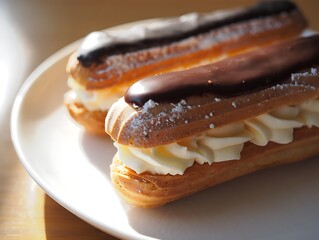 Delicious chocolate eclairs with cream filling on a white plate