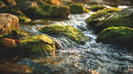 Sunlight illuminates mossy rocks in a shallow flowing stream.