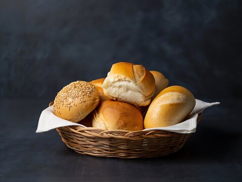 Freshly baked assorted bread rolls in rustic wicker basket display.
