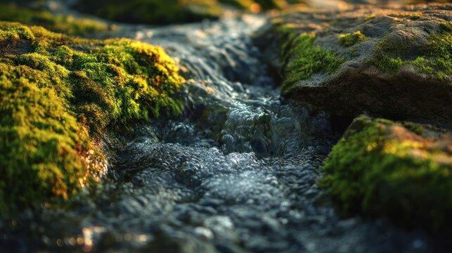 Close up of mossy rocks with clear water flowing between them.