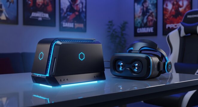 Virtual reality headset and base station on a desk in a gaming room with posters and a gaming chair in the background