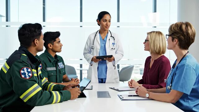 Diverse group of medical professionals, including paramedics, nurses and doctors, meeting around a conference table in a modern hospital to discuss patient care and treatment strategies