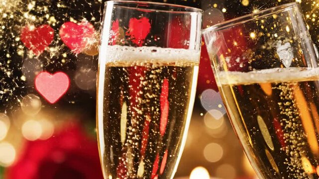 A close-up view of two elegant flutes clinking together in a joyous toast. The golden, sparkling beverage fizzes with effervescent bubbles, creating a luxurious and celebratory atmosphere. The backgro