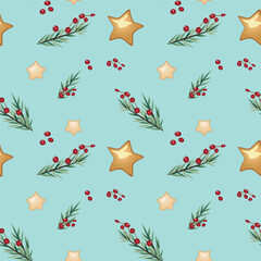 Repeating seamless vector design featuring hand-drawn holiday elements like cookies, pine needles and berries in soft tones
