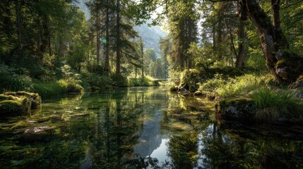 Clear forest stream reflects tall trees and bright sunlight near mountains.