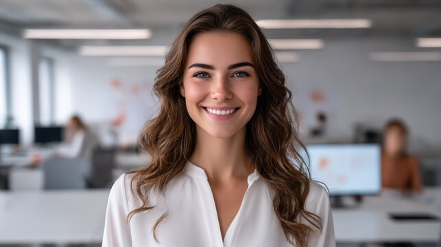 Professional smile: Portrait of a young, confident professional woman in a light shirt against the background of a modern office with blurred colleagues.