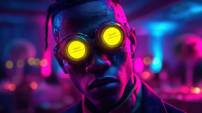 Cyberpunk Portrait: Close-up of a black man wearing futuristic glasses with bright yellow light against neon blue and pink lighting.