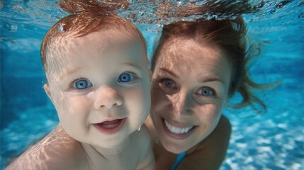 Mother and baby smile underwater in bright blue water.