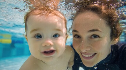 Mother and baby smile underwater in bright blue pool water.
