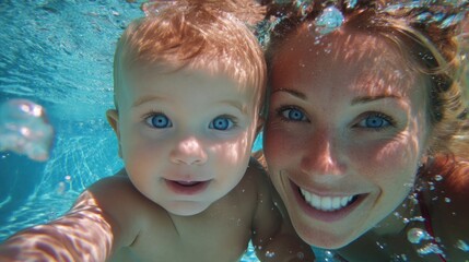 Underwater portrait of smiling woman and baby with blue eyes.