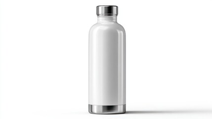 Tall white reusable bottle with silver metal cap and base isolated.