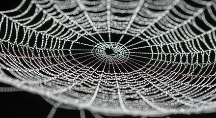 Close up of a spiderweb covered in water droplets against a dark background creating a detailed pattern