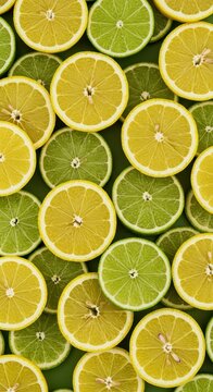 A colorful and juicy wallpaper pattern of repeating fresh lemon and lime citrus fruit slices scattered randomly on a flat surface, top view, backdrop, sweet