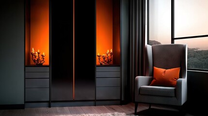 A chair sitting in front of a window next to a dresser