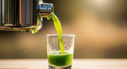 Fresh Green Juice Being Poured Into A Glass From A Juicer.