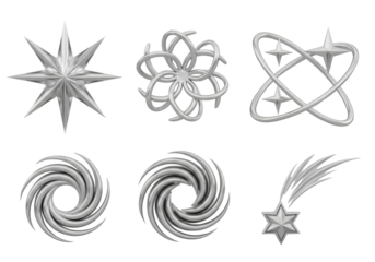 Six abstract metallic 3D shapes: starburst, flower, orbiting stars, vortex, falling star, pristine & polished on a transparent studio background, 45-degree view. Concept of modern success