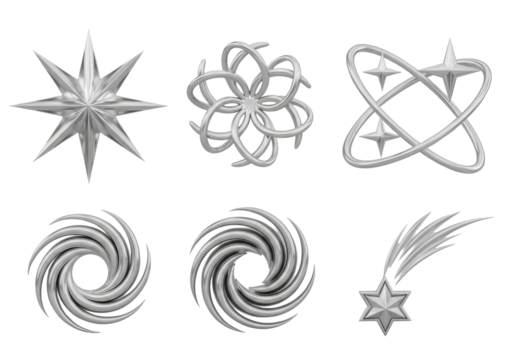 Six abstract metallic 3D shapes: starburst, flower, orbiting stars, vortex, falling star, pristine & polished on a transparent studio background, 45-degree view. Concept of modern success