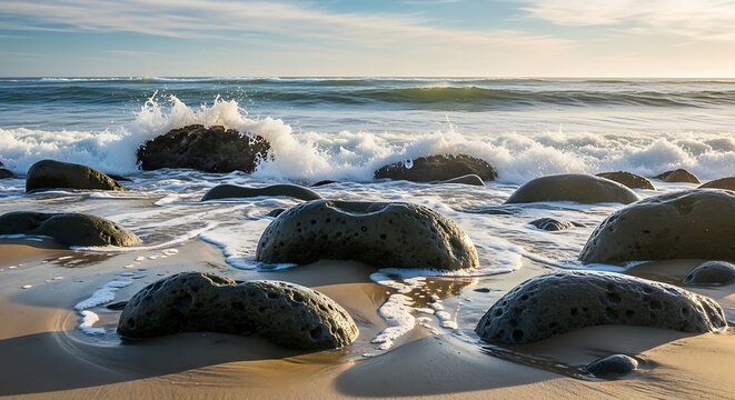 Ocean waves crashing on rocks at the beach with a blue sky and white clouds in the background on a sunny day