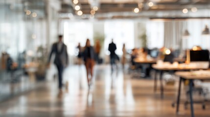 Blurred modern office interior with walking business people and desks.
