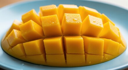 Freshly Cut Ripe Mango Slices on a Blue Plate.