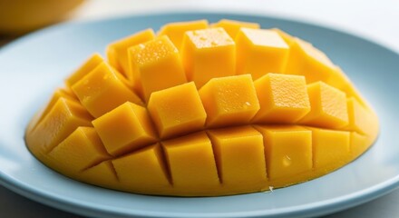 Freshly Cut Mango Slices on a Blue Plate.