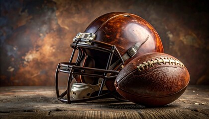 Vintage Football Gear - Helmet and Ball on Wooden Surface.