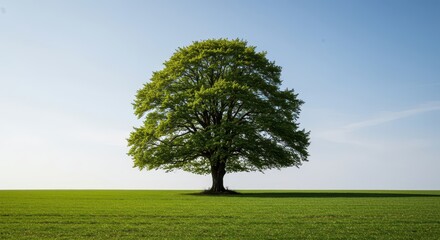 Fototapeta premium A magnificent European beech tree standing isolated in a vast green field against a clear sky, symbolizing strength and loneliness, vibrant, wood, field